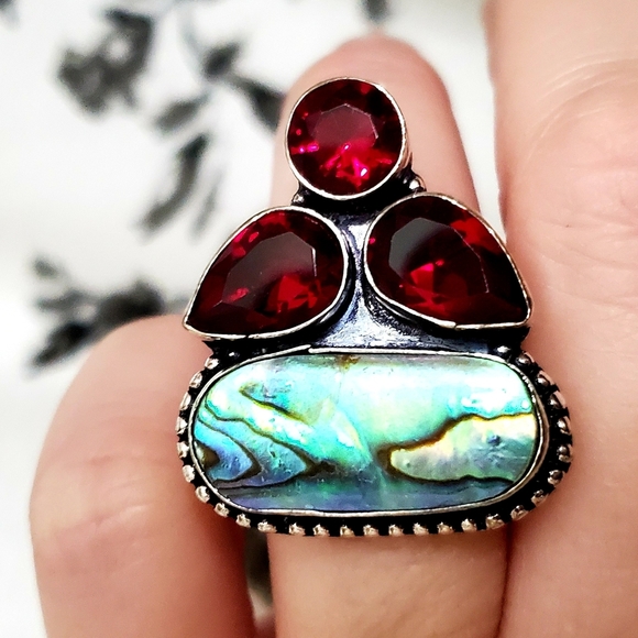 New Abalone Shell & Garnet 925 Silver Ring. - Picture 2 of 9